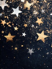 Various sizes of minimalist abstract stars shimmer in gold, set against a dark backdrop, evoking a celestial atmosphere. Generative AI