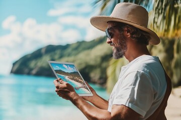 Fototapeta premium Man in a Hat Looks at a Tablet on the Beach