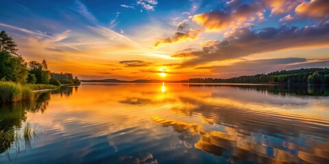 Obraz premium Sunset casting a warm glow over a serene lake, sunset, lake, water, reflection, peaceful, nature, dusk, orange sky, tranquil
