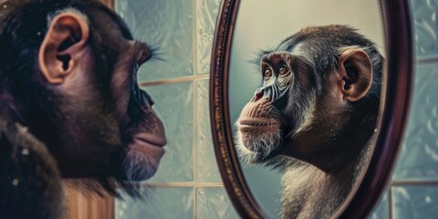 Funny depiction of a man and a mirror revealing a monkey's reflection.
