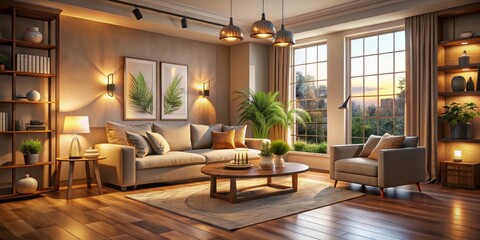 Fototapeta premium Cozy living room with warm lighting and detailed architectural visualization, cozy, living room, warm
