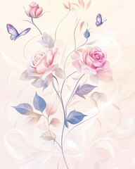Fototapeta premium Elegant Illustration of Blooming Roses with Butterflies on a Soft Pastel Background