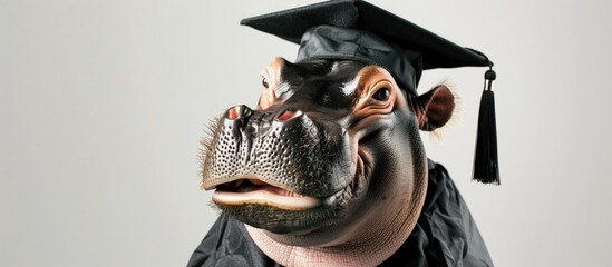 Cute happy hippo in student graduation cap with tassel and gown Wild animal Isolated character on transparent background