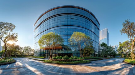 Obraz premium Modern Glass Office Building with Lush Landscaping