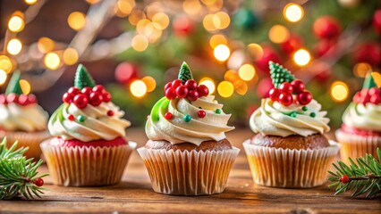 Christmas cupcakes with festive decorations on blurred background, Christmas, cupcakes, holiday, festive, decorations, baking