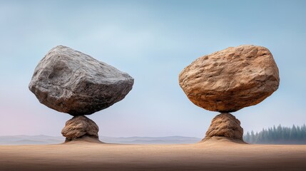 Two balanced rock formations, one side in a desert landscape and the other in a forest, set against a gradient sky