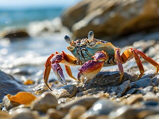 A close-up of a brightly colored crab with large eyes, perched on a rocky beach with the ocean in the background.
