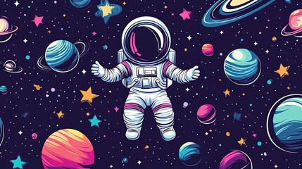 Naklejka premium Astronaut in Space with Planets and Stars
