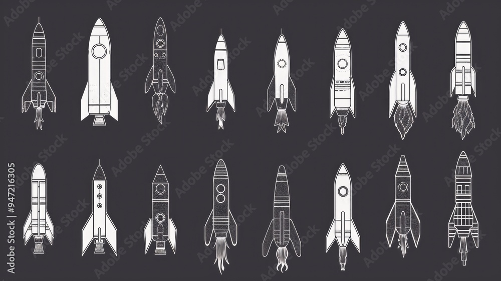 Poster a collection of variously sized rockets against a dark backdrop