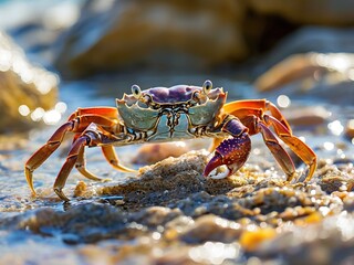 A close-up shot of a crab on a rocky shore, with its claws extended and its eyes focused on the camera. The crab is in focus, while the background is blurred and out of focus