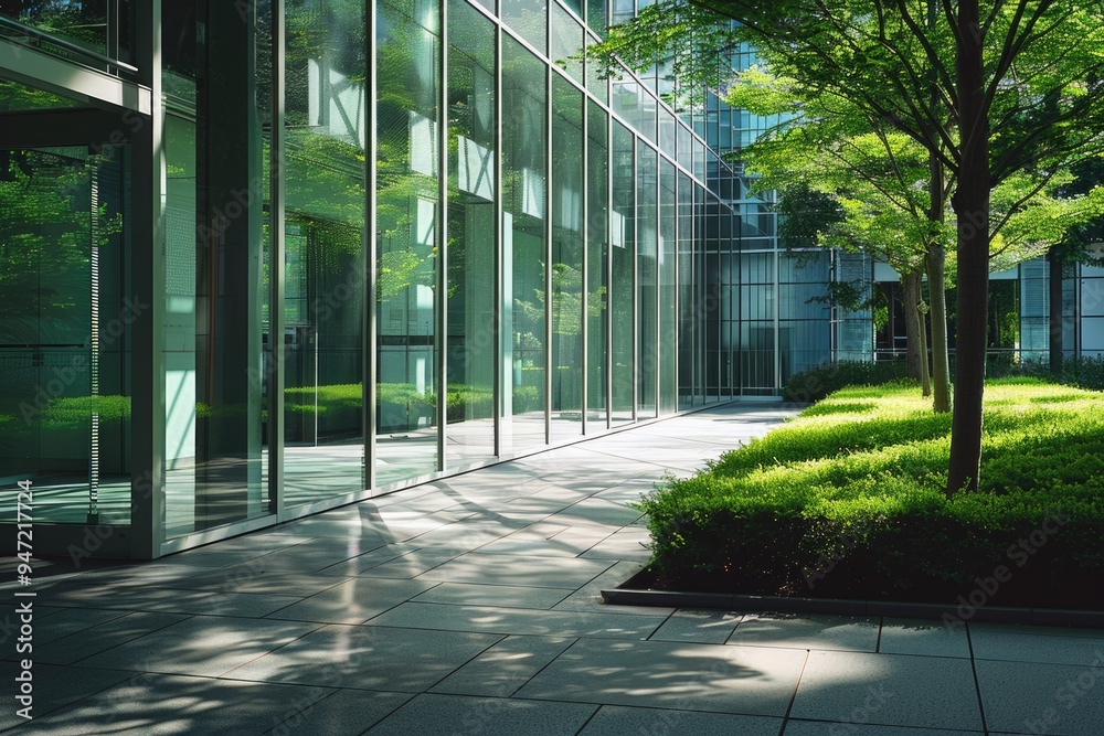 Aufkleber A modern glass building with a single tree standing in front of it