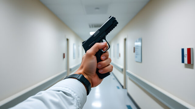 Person's hand holding pistol gun in hospital corridor. Generative AI