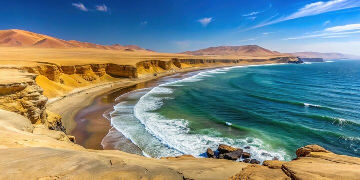 Scenic view of Playa de la Mina on the coast of Paracas desert in Peru , beach, ocean, coast, Paracas, desert, Peru