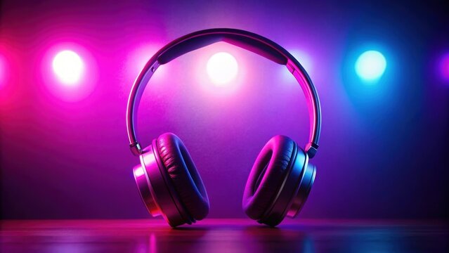 Casque audio avec effets lumineux roses sur fond violet, audio, casque, ?couteurs, musique, violet, rose, effets lumineux