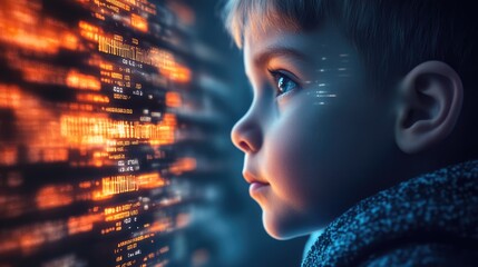 Little boy with digital code data overlay, cyberspace and information technology of the future. Ai education and cybersecurity