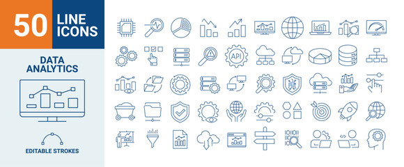 Data Analytics Line Editable Icons set. Database, statistics, server, monitoring, computing, network, big data, data processing, hosting, data mining
