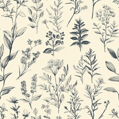 Seamless pattern of retro botanical sketches with subtle color accents
