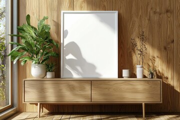 Poster Frame Mockup on Wooden Interior Background created with Generative AI