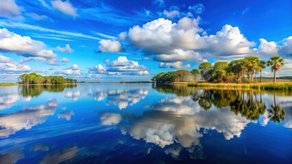 Obraz premium Brilliant blue sky and clouds reflecting on Lake Apopka at Winter Garden Florida , Lake Apopka, Winter Garden, Florida