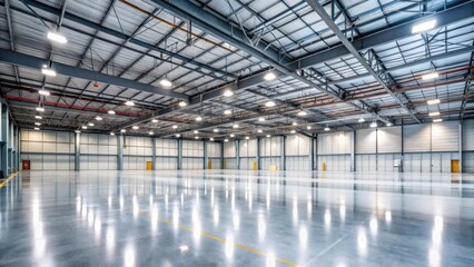Fototapeta premium Wide shot of an empty and clean industrial hall, industrial, hall, empty, clean, warehouse, manufacturing