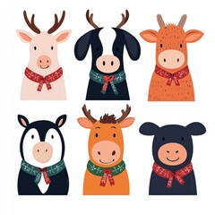 A Christmas farm clipart, barnyard animals in holiday scarves, snow, rustic cartoon style, isolated on white background