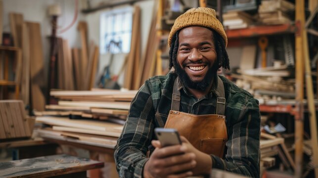 Smiling Carpenter Using Smartphone in Workshop - Powered by Adobe