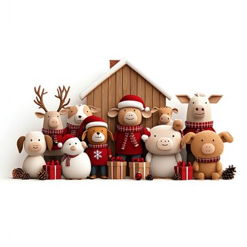 recommend clip art: A Christmas farm clipart, barnyard animals in holiday scarves, snow, rustic cartoon style, isolated on white background