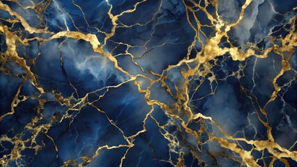 Fototapeta premium Luxurious and elegant navy blue and pale gold marble pattern with golden veining resembling posh stone textures, marble