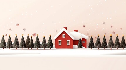 A Christmas tree farm clipart, rows of Christmas trees with snow, red farmhouse in the background, flat vector, isolated on white background