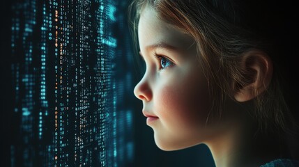 Little girl with digital code data overlay, cyberspace and information technology of the future. Ai education and cybersecurity