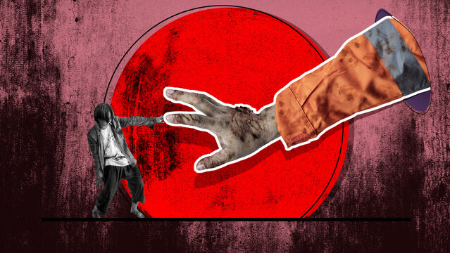 A zombie man is reaching out to another man, but the other man is not responding