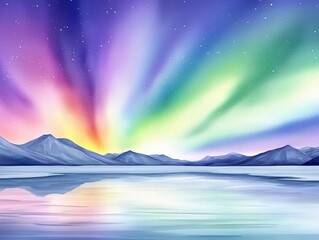 Aurora borealis, vibrant greens and purples in the night sky, watercolor background
