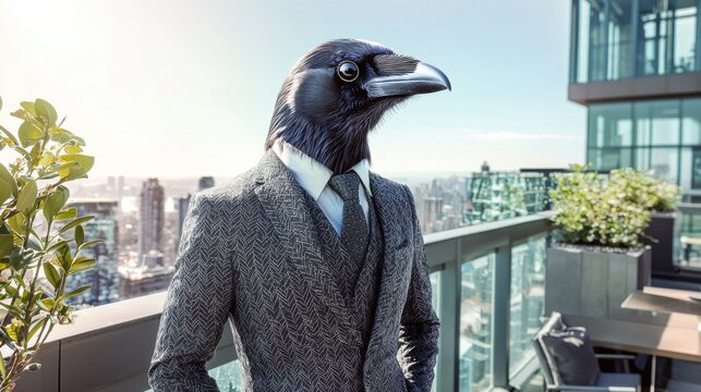 The Raven's View: A powerful and surreal image of a man with a raven's head, dressed in a sharp suit, standing on a rooftop overlooking a cityscape. The photo captures a sense of mystery.