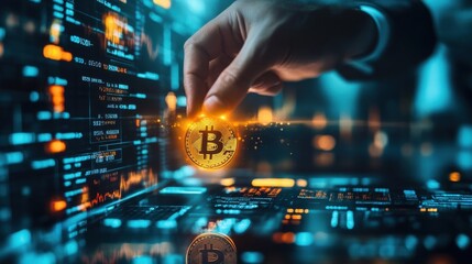 Bitcoin Investment: Hand placing glowing Bitcoin cryptocurrency coin onto a futuristic digital screen.  Blockchain technology, financial innovation, and digital currency concepts are vividly depicted.