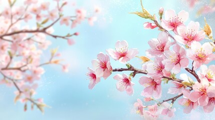 Sakura blossoms, pink petals against a blue sky, gentle watercolor background