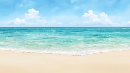 Obraz premium Tropical beach, turquoise waters and golden sand, watercolor background
