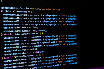 Software source code. Programming code. Programming code on computer screen. Developer working on...