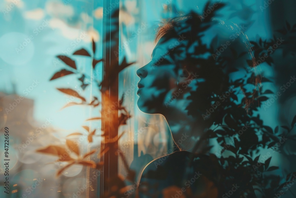 Poster a person stands near a window with a view outside
