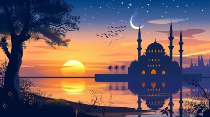 Obraz premium Sunset Silhouette of a Mosque with a Crescent Moon