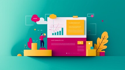 Colorful digital marketing concept depicting a person analyzing data trends on a vibrant background with graphical elements.