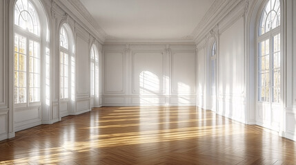 An empty room with white walls and a wooden floor, representing modern and minimalist interior design with a serene and uncluttered atmosphere.