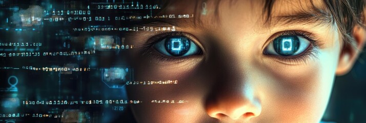 Little child with digital code data overlay, cyberspace and information technology of the future. Ai education and cybersecurity