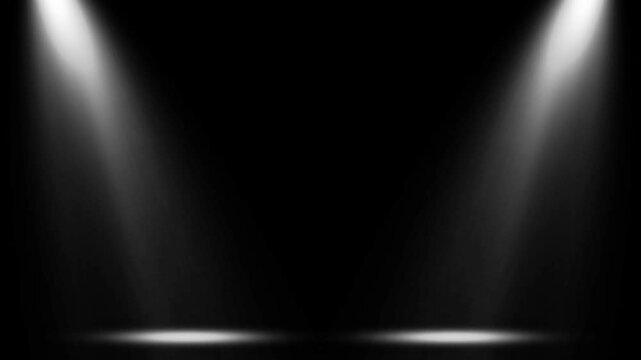 Two white spotlights crossing each other 4k Animation on a black backdrop. Modern glowing light from above, seamless loop of spotlights background