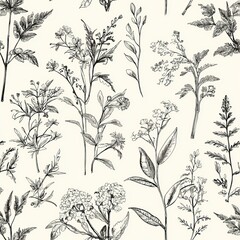 Seamless pattern of vintage botanical sketches with historical plant varieties