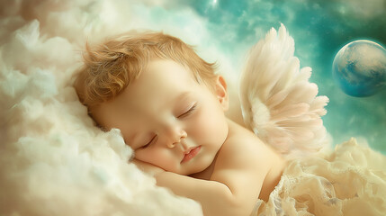 Sleeping baby with angel wings and a blue ball. AI Generated 
