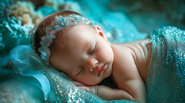 Arafed baby sleeping on a blanket with a blue flower in her hair. AI Generated