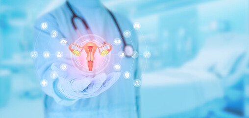 Doctor examines uterus. Gynecologist isolated on light blue background. Periodic pap smear checkup...