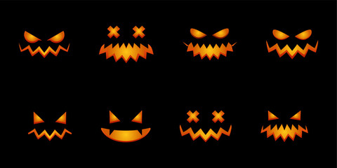 Happy Halloween collection pumpkins. Pumpkins isolated. Main symbol of Happy Halloween holiday. Collection orange pumpkins with scary spooky smile Halloween. Vector illustration. Face pumpkins.