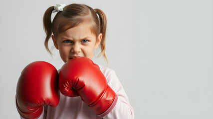 Very angry young girl child with large red boxing gloves. Generative AI