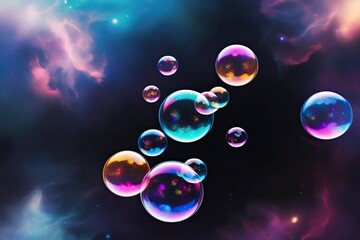 Fototapeta premium Whimsical Colorful Bubbles Floating in a Dark Void with Blurry Galactic Effects